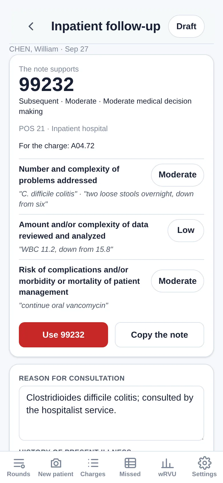 AI scribe follow-up note with the supported visit code and the quotes behind each decision-making grade